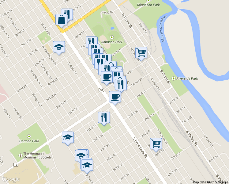 map of restaurants, bars, coffee shops, grocery stores, and more near 13 North Minnesota Street in New Ulm
