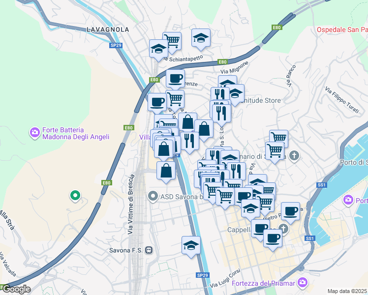 map of restaurants, bars, coffee shops, grocery stores, and more near 62 Corso Agostino Ricci in Savona