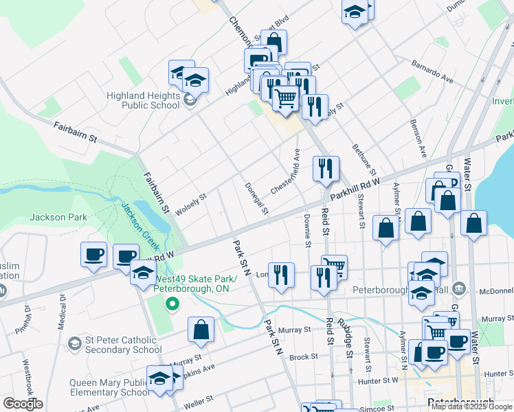 map of restaurants, bars, coffee shops, grocery stores, and more near 655 Donegal Street in Peterborough