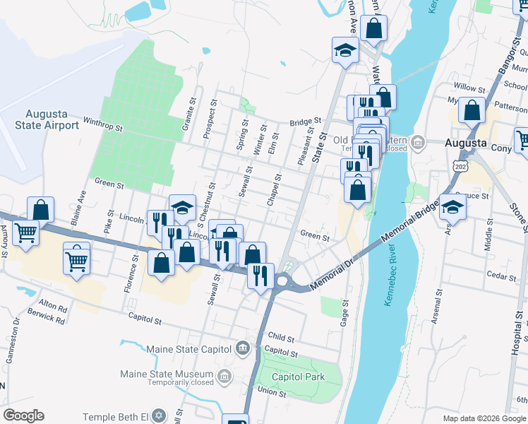 map of restaurants, bars, coffee shops, grocery stores, and more near 44 Green Street in Augusta