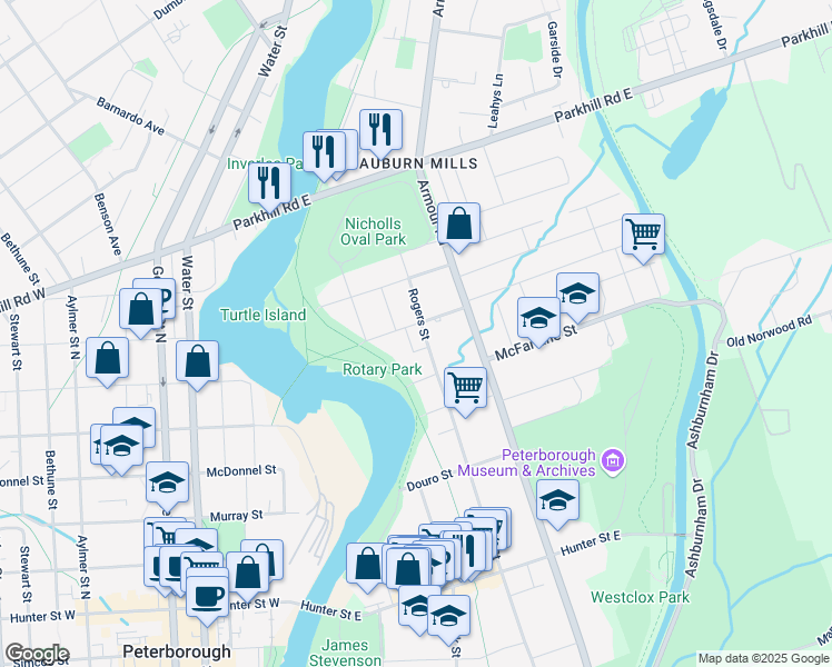 map of restaurants, bars, coffee shops, grocery stores, and more near in Peterborough