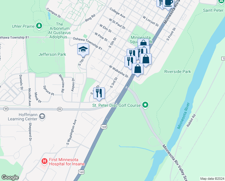 map of restaurants, bars, coffee shops, grocery stores, and more near 1618 South Minnesota Avenue in Saint Peter