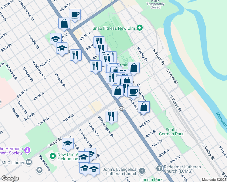 map of restaurants, bars, coffee shops, grocery stores, and more near 17 North Broadway Stret in New Ulm