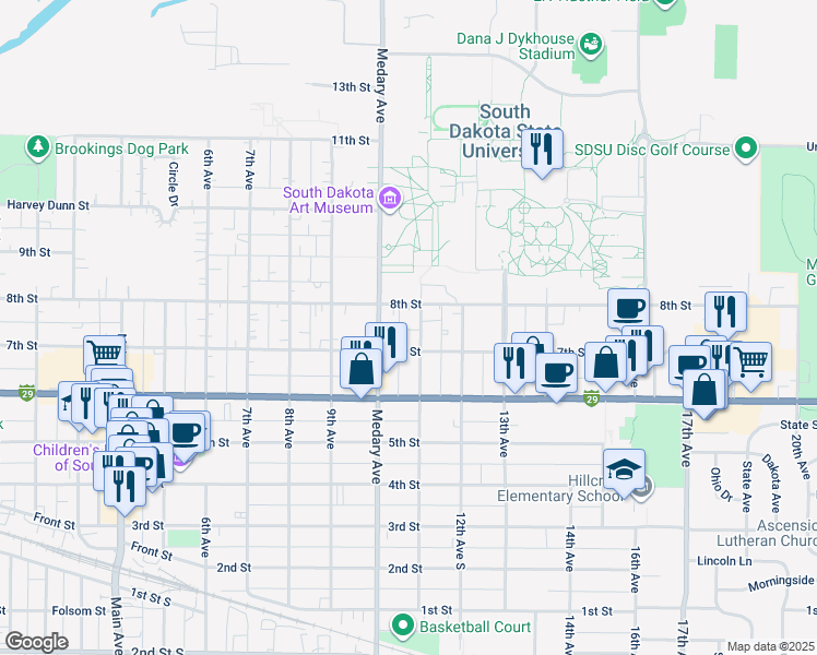 map of restaurants, bars, coffee shops, grocery stores, and more near 1017 7th Street in Brookings