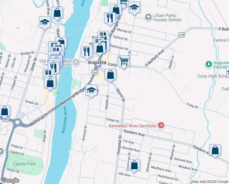 map of restaurants, bars, coffee shops, grocery stores, and more near 37 Chestnut Street in Augusta