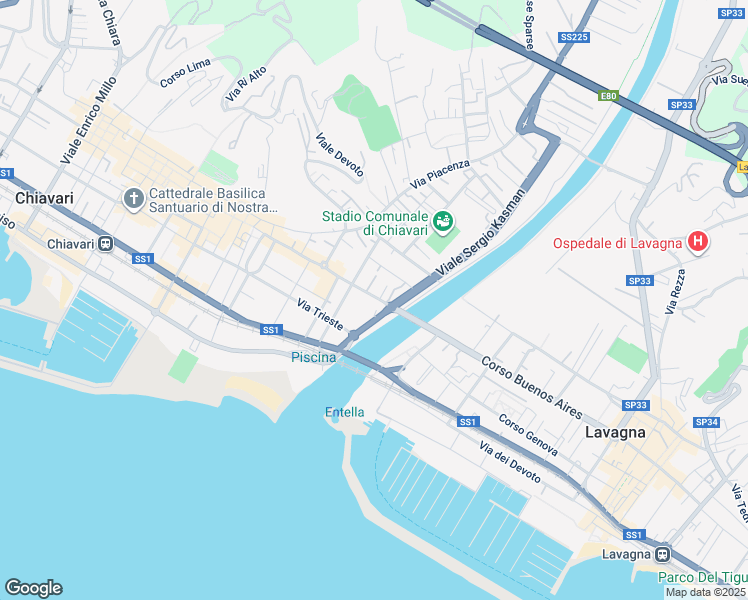 map of restaurants, bars, coffee shops, grocery stores, and more near Viale Guglielmo Marconi in Chiavari