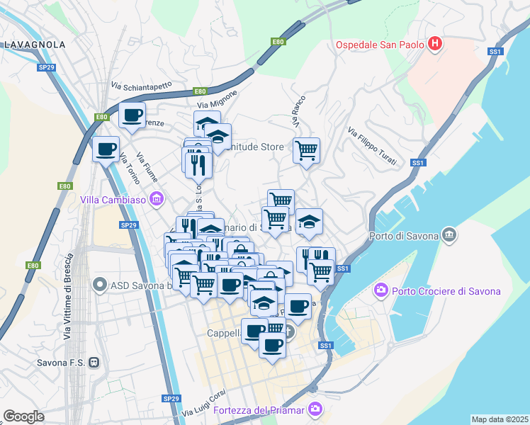 map of restaurants, bars, coffee shops, grocery stores, and more near 41 Via della Tagliata in Savona
