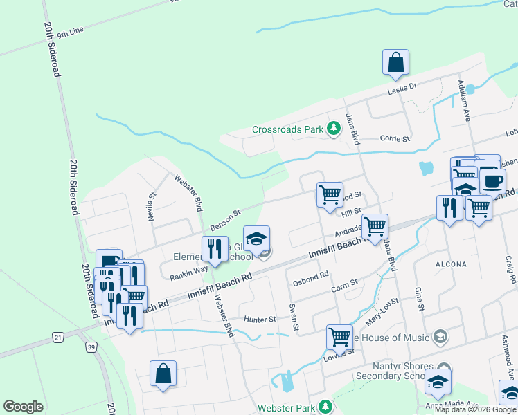 map of restaurants, bars, coffee shops, grocery stores, and more near 1295 Benson Street in Innisfil