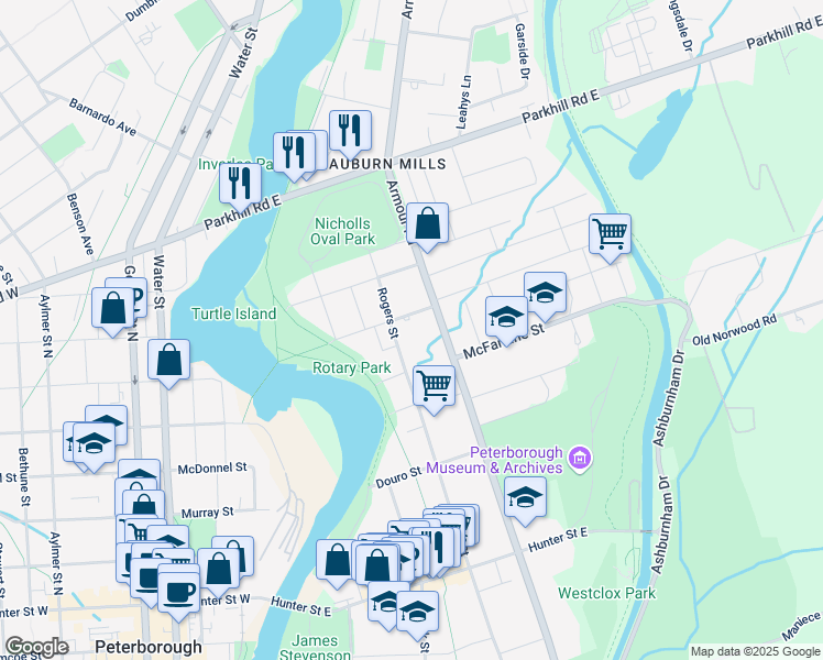 map of restaurants, bars, coffee shops, grocery stores, and more near 169 Hazlitt Street in Peterborough