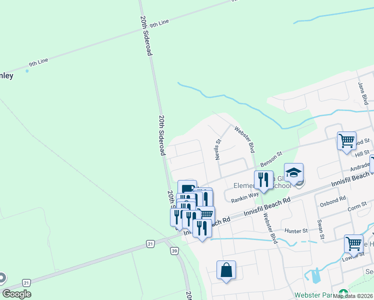 map of restaurants, bars, coffee shops, grocery stores, and more near 1444 Tomkins Road in Innisfil
