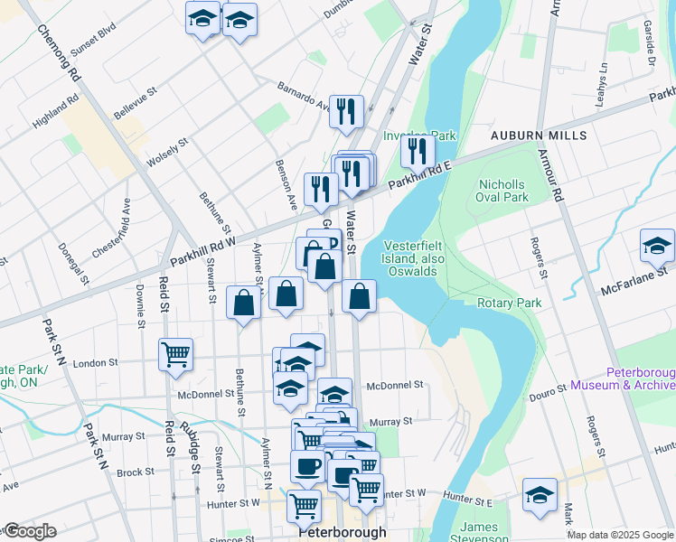 map of restaurants, bars, coffee shops, grocery stores, and more near 646 George Street North in Peterborough