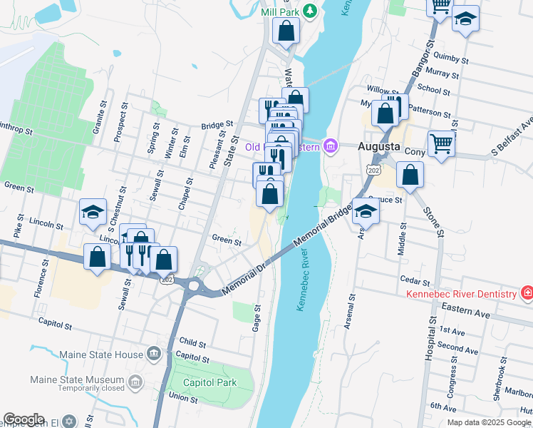 map of restaurants, bars, coffee shops, grocery stores, and more near 384 Water Street in Augusta