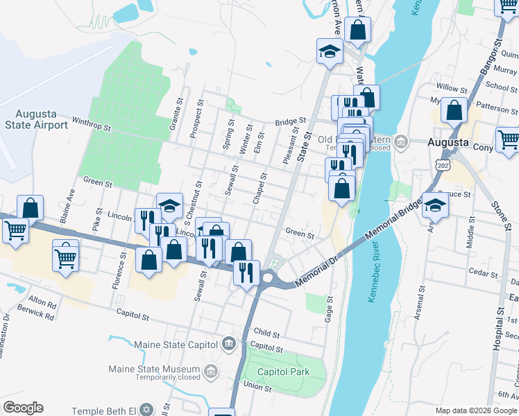 map of restaurants, bars, coffee shops, grocery stores, and more near 44 Green Street in Augusta
