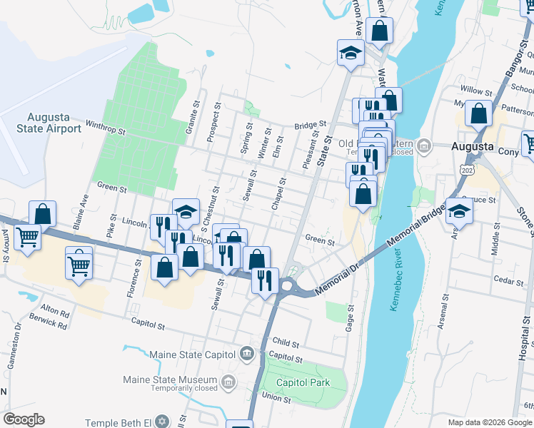 map of restaurants, bars, coffee shops, grocery stores, and more near 44 Green Street in Augusta