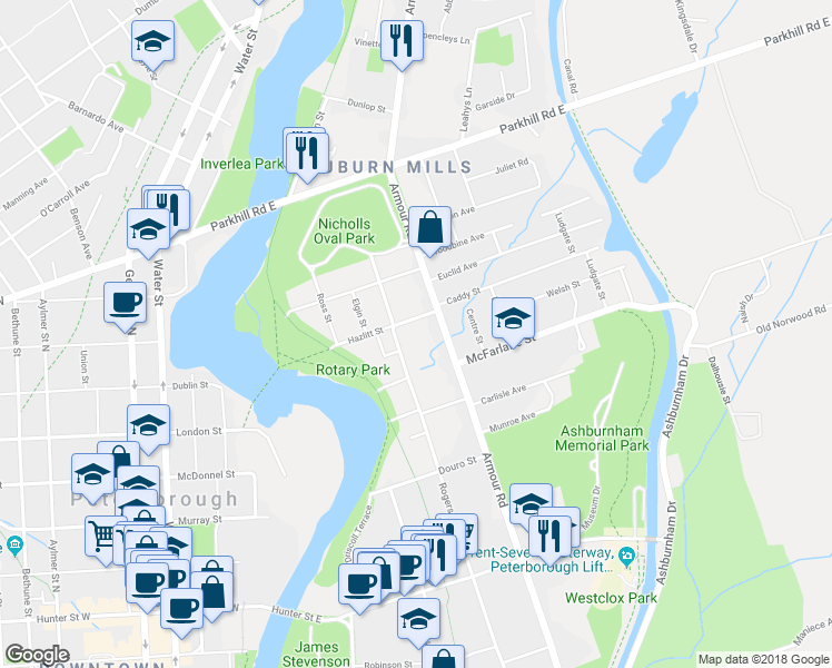 map of restaurants, bars, coffee shops, grocery stores, and more near in Peterborough