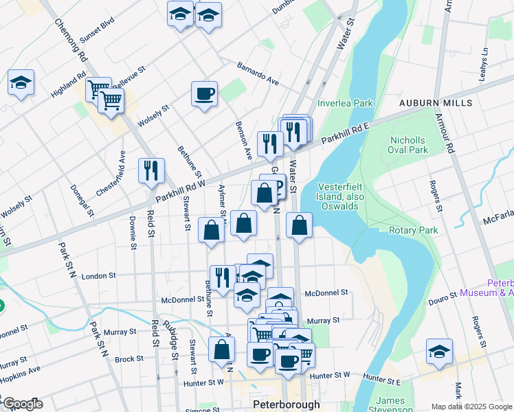 map of restaurants, bars, coffee shops, grocery stores, and more near 633 Union Street in Peterborough