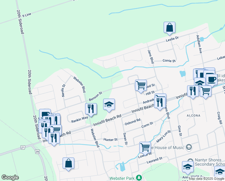 map of restaurants, bars, coffee shops, grocery stores, and more near 1289 Benson Street in Innisfil