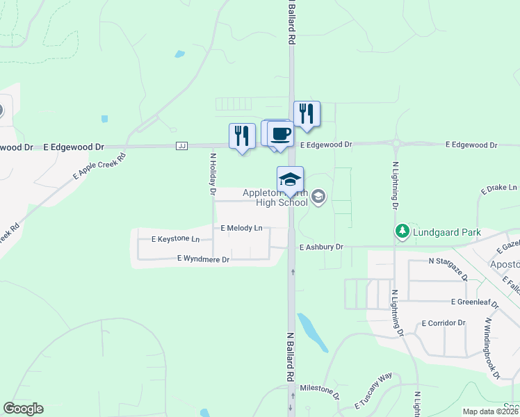 map of restaurants, bars, coffee shops, grocery stores, and more near 1810 East Melody Lane in Appleton