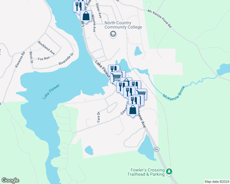 map of restaurants, bars, coffee shops, grocery stores, and more near 27 Duprey St in Saranac Lake
