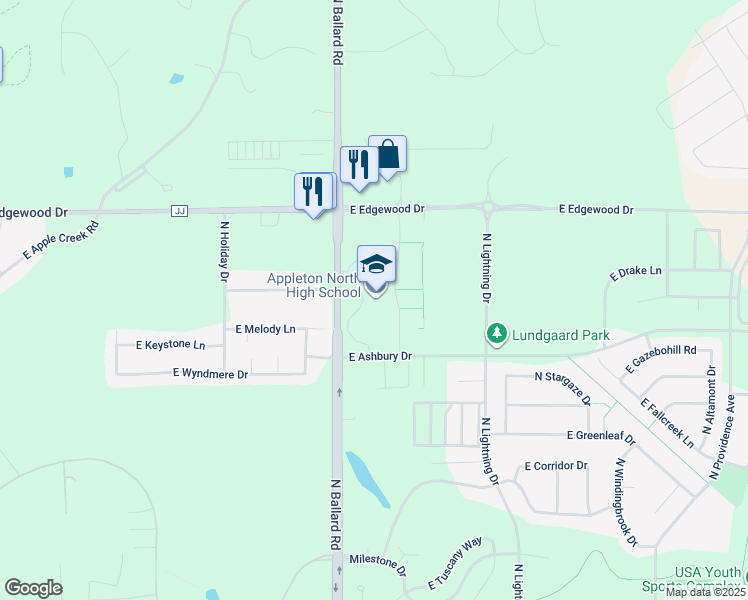 map of restaurants, bars, coffee shops, grocery stores, and more near 5000 North Ballard Road in Appleton