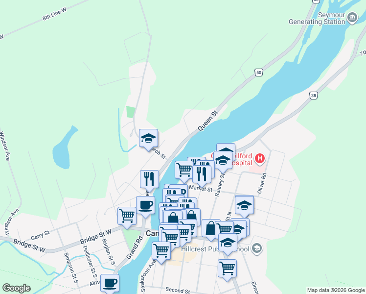 map of restaurants, bars, coffee shops, grocery stores, and more near 197 Queen Street in Campbellford