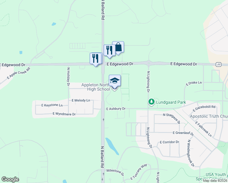 map of restaurants, bars, coffee shops, grocery stores, and more near 5000 North Ballard Road in Appleton
