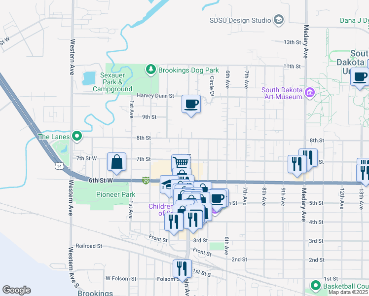 map of restaurants, bars, coffee shops, grocery stores, and more near 201-399 7th Street in Brookings