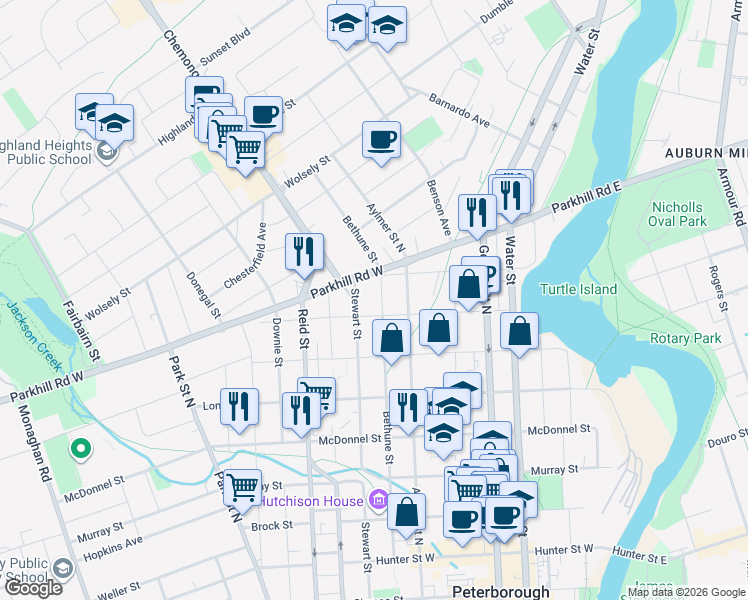 map of restaurants, bars, coffee shops, grocery stores, and more near in Peterborough