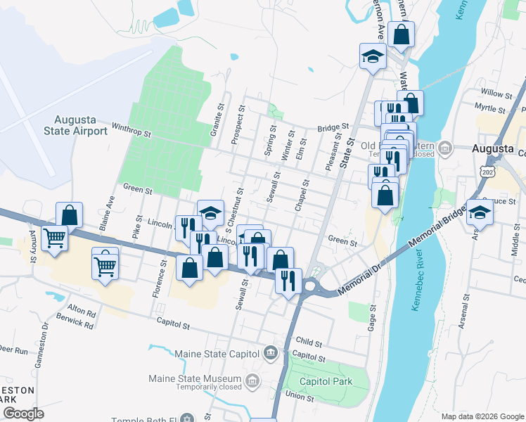 map of restaurants, bars, coffee shops, grocery stores, and more near 19 Sewall Street in Augusta