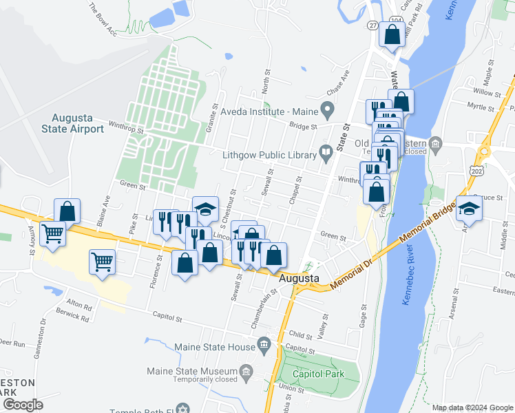 map of restaurants, bars, coffee shops, grocery stores, and more near 19 Sewall Street in Augusta