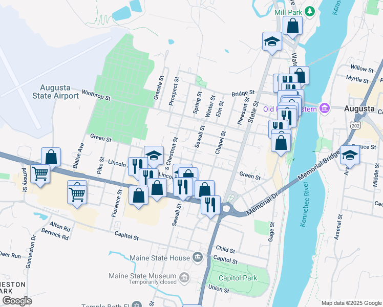 map of restaurants, bars, coffee shops, grocery stores, and more near 19 Sewall Street in Augusta
