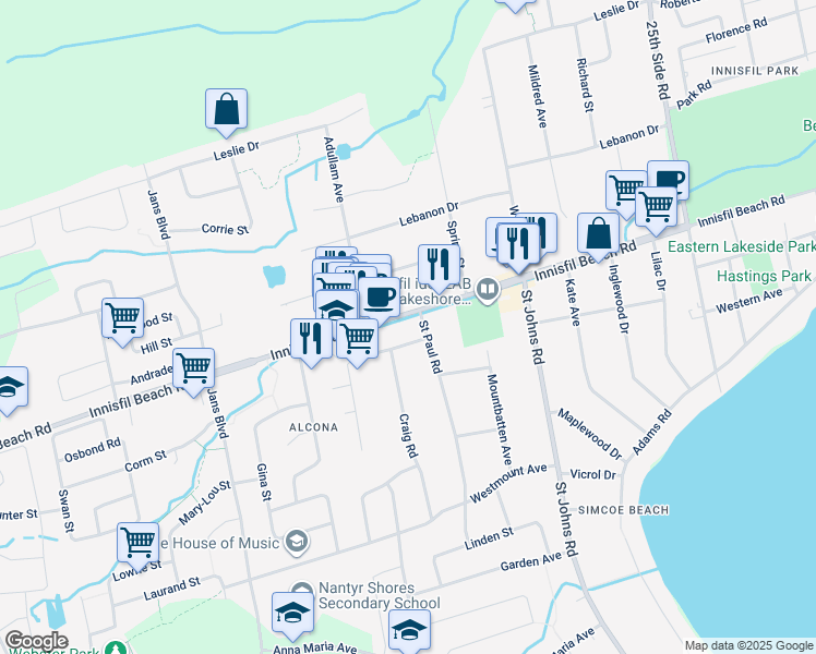 map of restaurants, bars, coffee shops, grocery stores, and more near 1018 Innisfil Beach Road in Innisfil