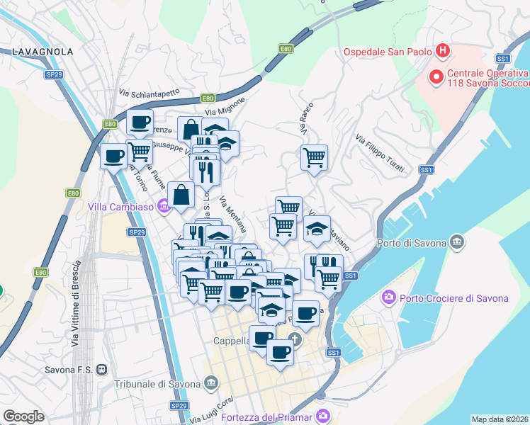 map of restaurants, bars, coffee shops, grocery stores, and more near 16 Via San Francesco D'Assisi in Savona