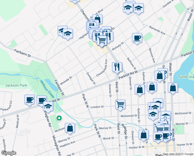map of restaurants, bars, coffee shops, grocery stores, and more near 377 Chesterfield Avenue in Peterborough