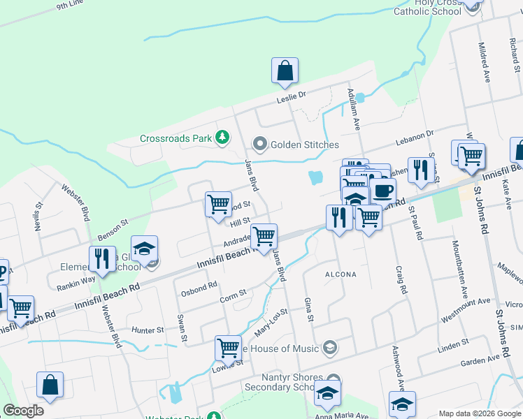 map of restaurants, bars, coffee shops, grocery stores, and more near 1140 Inniswood Street in Innisfil