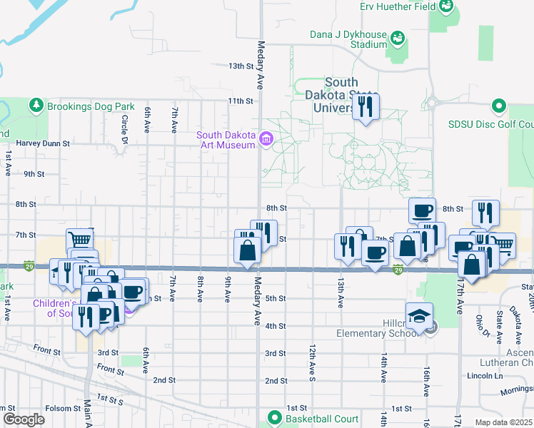 map of restaurants, bars, coffee shops, grocery stores, and more near 1057 8th Street in Brookings