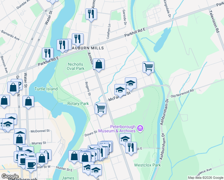 map of restaurants, bars, coffee shops, grocery stores, and more near 626 Centre Street in Peterborough