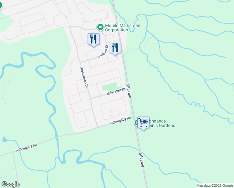 map of restaurants, bars, coffee shops, grocery stores, and more near 16 Banting Crescent in Angus
