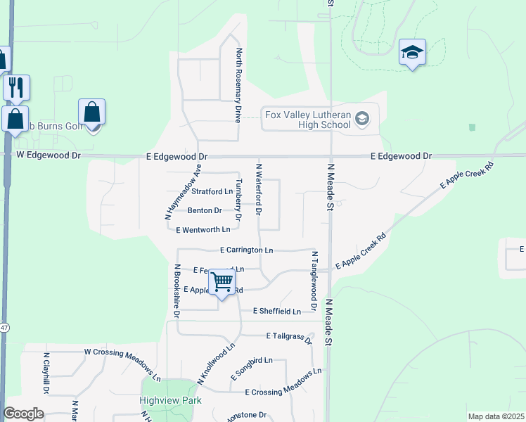 map of restaurants, bars, coffee shops, grocery stores, and more near 5008 North Waterford Drive in Appleton