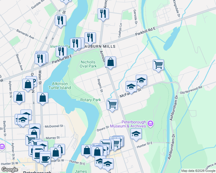 map of restaurants, bars, coffee shops, grocery stores, and more near 181 Hazlitt Street in Peterborough
