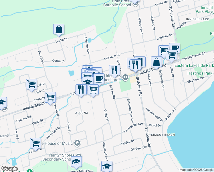map of restaurants, bars, coffee shops, grocery stores, and more near 1018 Innisfil Beach Road in Innisfil