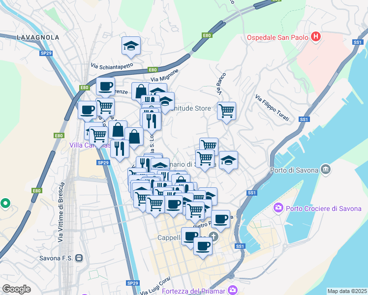 map of restaurants, bars, coffee shops, grocery stores, and more near 2 Via Nino Oxilia in Savona