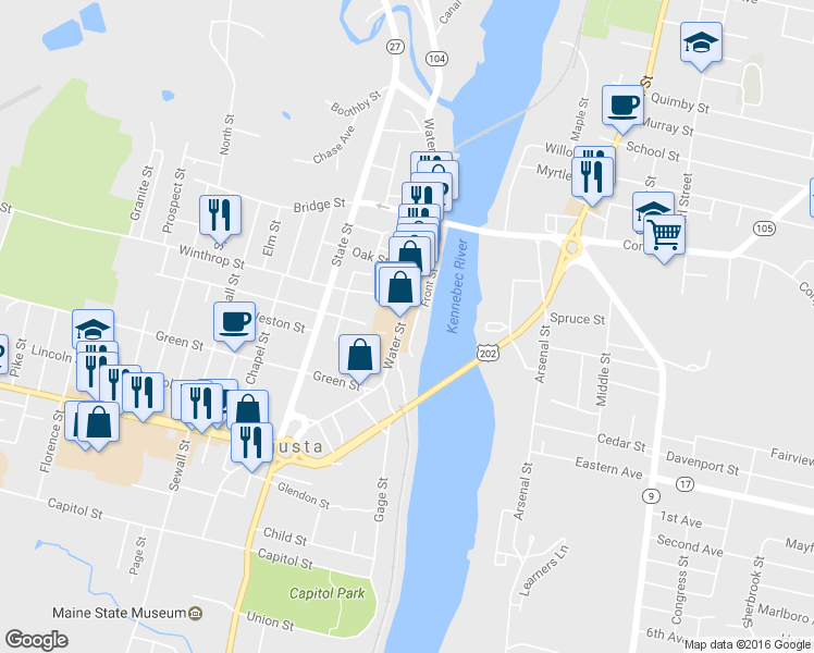map of restaurants, bars, coffee shops, grocery stores, and more near 321 Water Street in Augusta