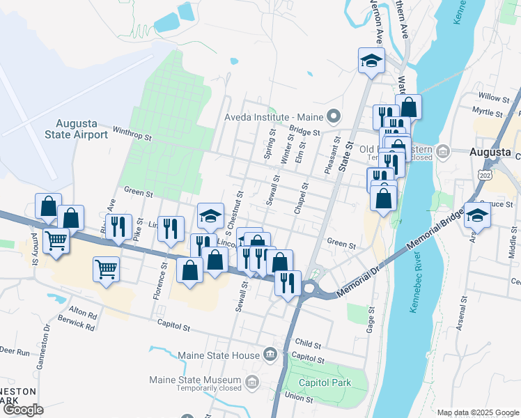 map of restaurants, bars, coffee shops, grocery stores, and more near 26 Sewall Street in Augusta