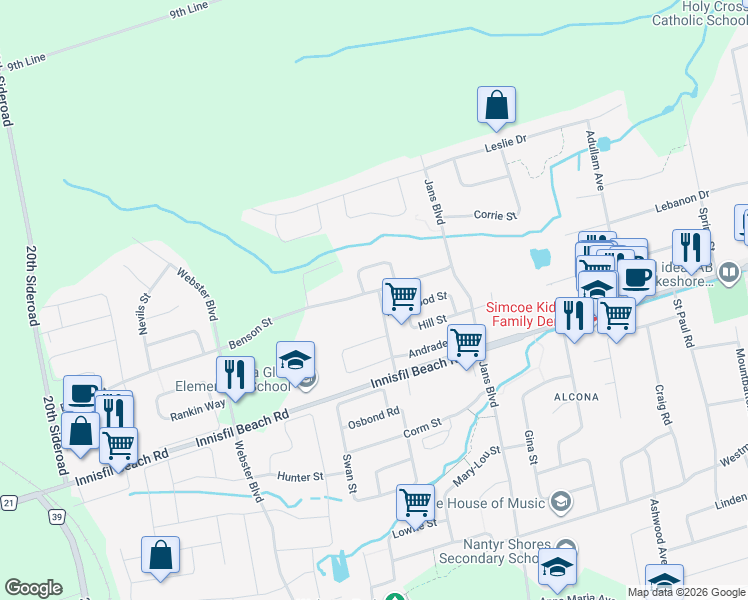 map of restaurants, bars, coffee shops, grocery stores, and more near 2186 Ferguson Street in Innisfil