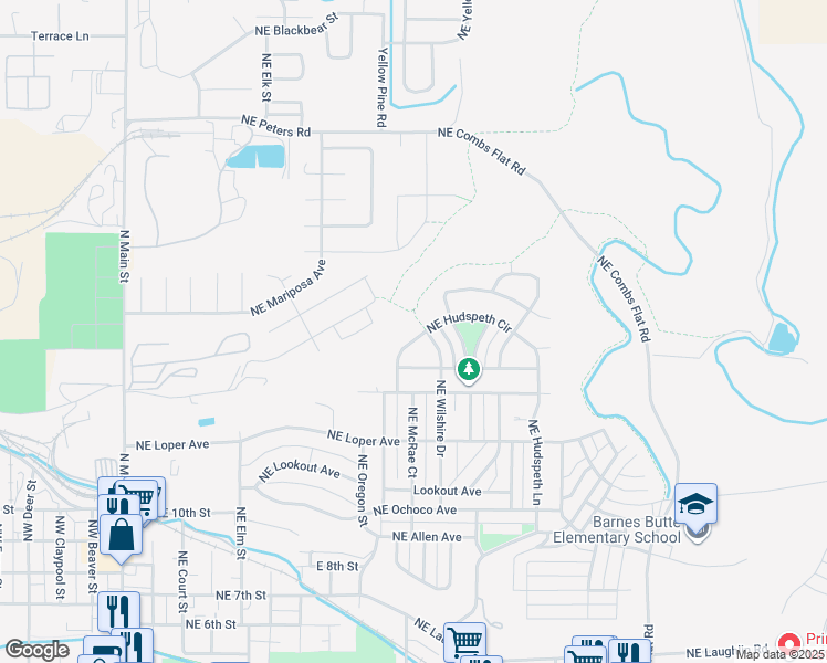 map of restaurants, bars, coffee shops, grocery stores, and more near 939 Northeast Hudspeth Lane in Prineville
