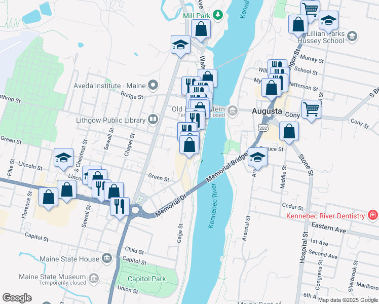 map of restaurants, bars, coffee shops, grocery stores, and more near 325 Water Street in Augusta
