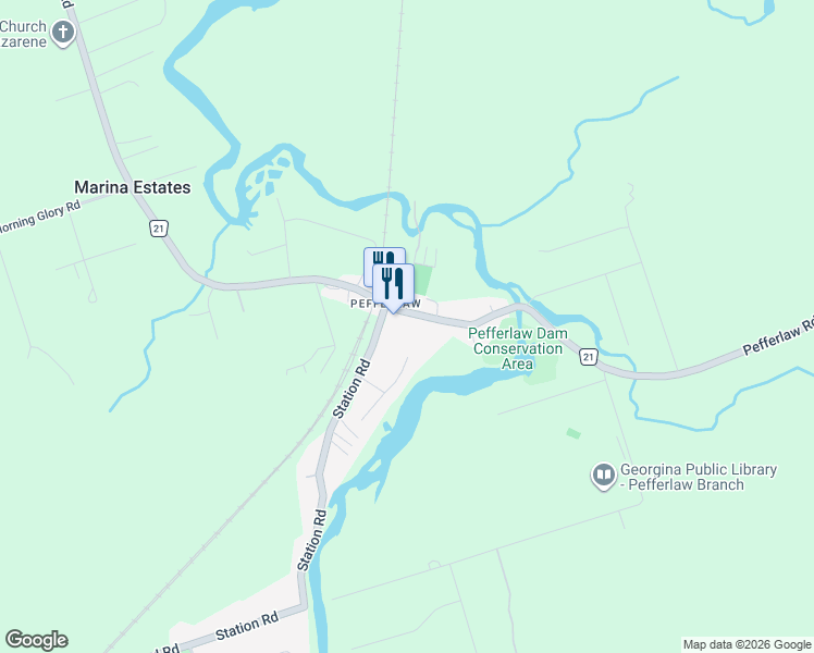 map of restaurants, bars, coffee shops, grocery stores, and more near 270 Pefferlaw Road in Georgina