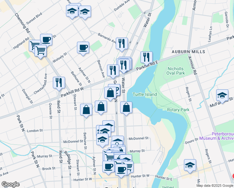 map of restaurants, bars, coffee shops, grocery stores, and more near 664 George Street North in Peterborough