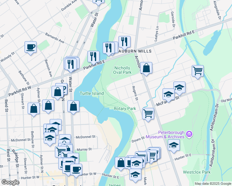 map of restaurants, bars, coffee shops, grocery stores, and more near 685 Ross Street in Peterborough
